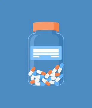 Jar with capsules on a blue background. Flat vector illustration Stock Illustration