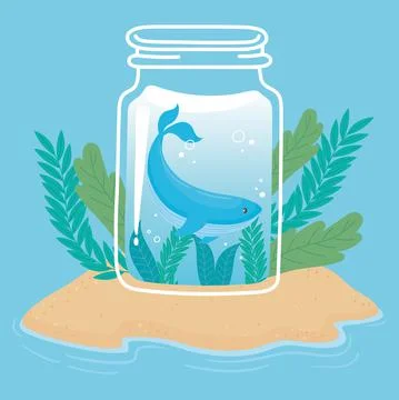 Jar cute tiny whale water on island sand ocean cartoon Stock Illustration