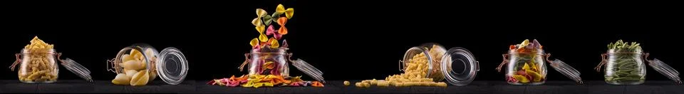 Jar of different type of pasta isolated on black background Stock Illustration
