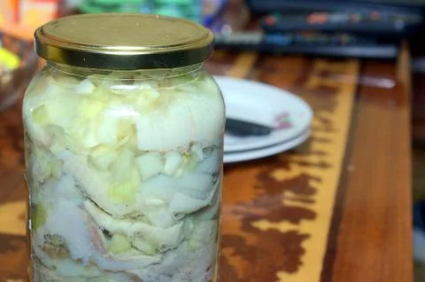 Jar with fillets from herring Foto stock