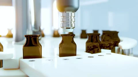 Jar filling with tablets on a packaging line in a pharmaceutical factory - .. Stock Footage 243754230
