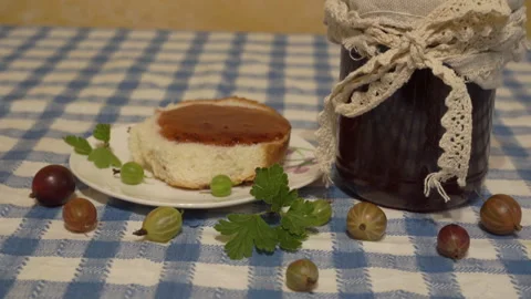 Jar of homemade jam on table Stock-Footage 292987392