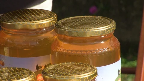 Jar of Honey,  close-up. Stock Footage 92549964
