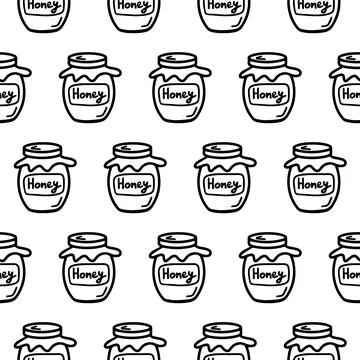 Jar of honey seamless pattern. Doodle pattern with jar of honey isolated on Stock Illustration