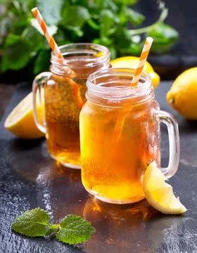 Jar of lemon ice tea Stock Photos