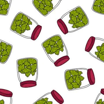 Jar with marijuana buds seamless doodle pattern, vector hand draw illustratio Stock Illustration