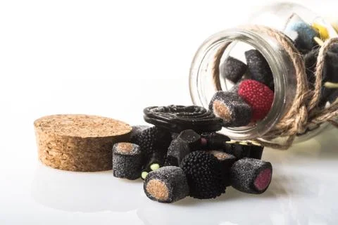 Jar of mixed candy licorice Stock-Fotos