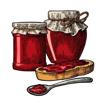 Jar with packaging paper, spoon and slice of bread with jam. 스톡 일러스트