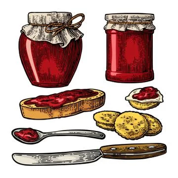 Jar with packaging paper, spoon, knife and slice of bread with jam. Stock Illustration