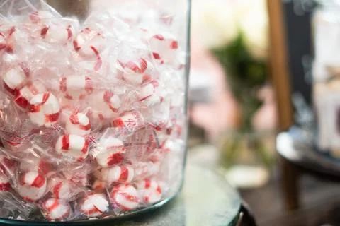 Jar of peppermint candy in store with blurred background Stock Photos