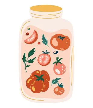 Jar of pickled tomatoes. Pickles tomatoes in jar. Fermented veggies. Marinate Stock Illustration