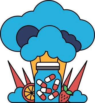 A jar of pills is surrounded by a cloud of smoke Illustrazione stock