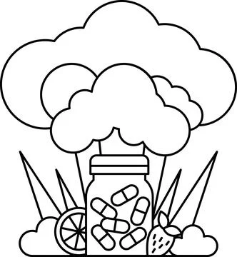 A jar of pills is surrounded by a cloud of smoke イラスト素材