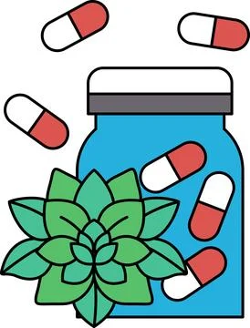 A jar of pills is surrounded by a flower Stock Illustration
