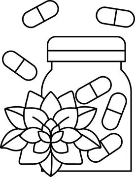 A jar of pills is surrounded by a flower Stock Illustration