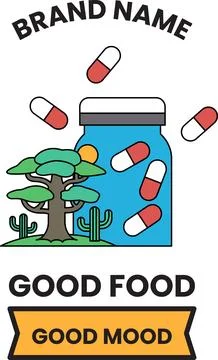 A jar of pills with a tree and cactus in the background Stock Illustration