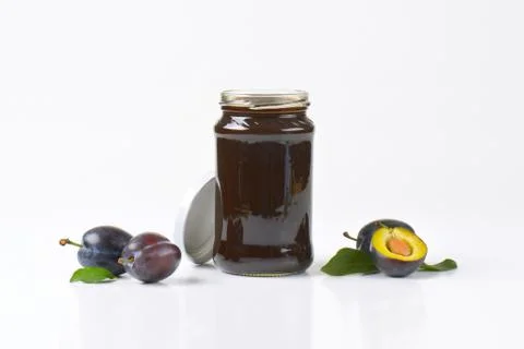 Jar of plum jam Stock Photos