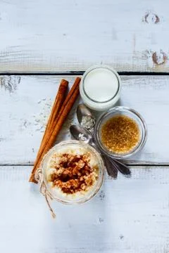 Jar of rice pudding Stock Photos