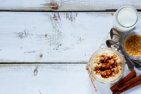 Jar of rice pudding Foto stock