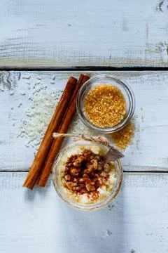 Jar of rice pudding Stock Photos