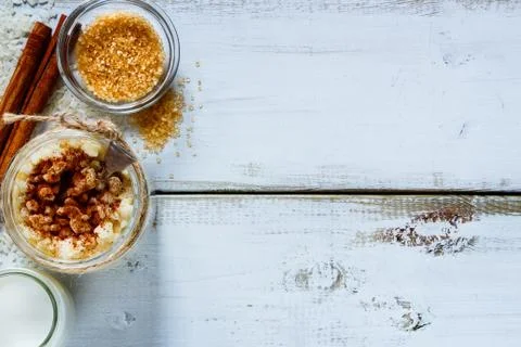 Jar of rice pudding Stock Photos