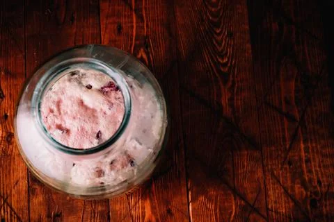 Jar of rye bread and hibiscus homemade kvass, kvas in process of making Stock Photos