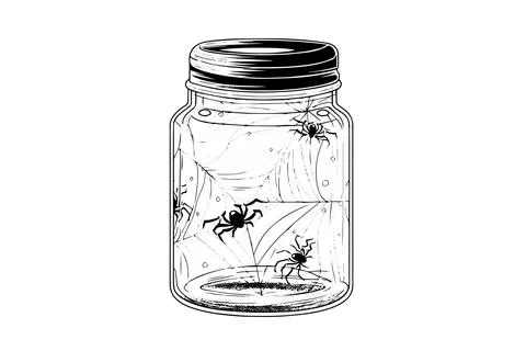 Jar with spider hand drawn ink sketch. Engraved vector illistration. Stock Illustration