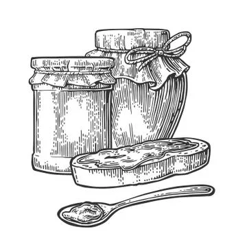 Jar, spoon and slice of bread with jam. 스톡 일러스트