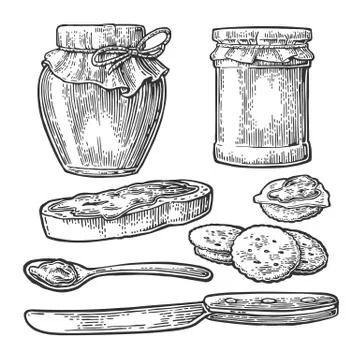 Jar, spoon, knife and slice of bread with jam. Stock Illustration