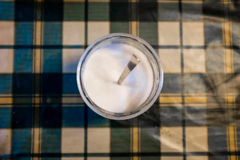 Jar of sugar on table seen from above Stock Photos