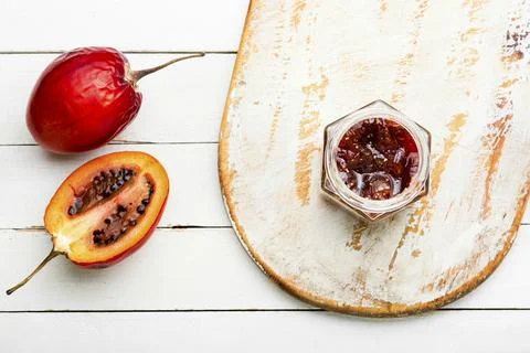 Jar of tamarillo jam. Stock Photos