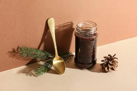 Jar of tasty pine cone jam with spoon and fir tree branch on color background Stock Photos