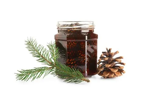 Jar of tasty pine cone jam with fir tree branch on white background Stock Photos
