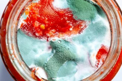 A jar of tomato sauce, the surface of which is covered with a dense layer of  Stock Photos