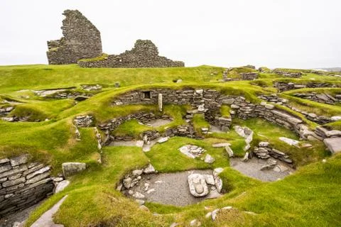 Jarlshof Prehistoric and Norse Settlement at Sumburgh, Shetland, Scotland Stock Photos