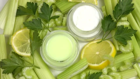 Jarrs with natural cream based on lemon and celery  Stock Footage 171085908