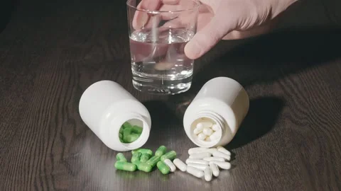 Jars with capsules are lying on the table Video stock 270412820
