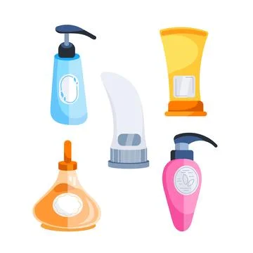 Jars with cosmetics and makeup items in bottles. Make up products. Stock Illustration