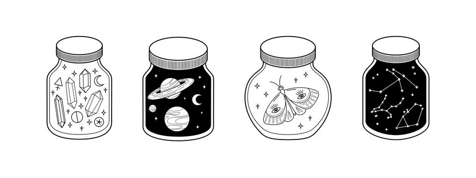Jars with Cosmic elements standing in line Stock Illustration