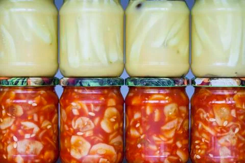 Jars with cucumber preserves inside Foto stock