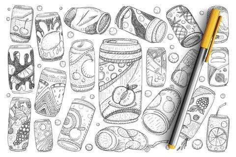 Jars with drinks doodle set. Collection of hand drawn fruit lemonade soda and Stock Illustration