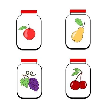 Jars of jam juice or jam. Banks with fruit on a transparent background. Vecto Stock Illustration