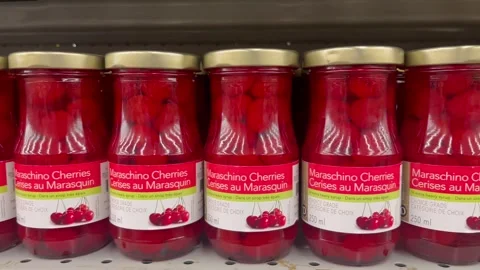 Jars of maraschino cherries Stock-Footage 267047865