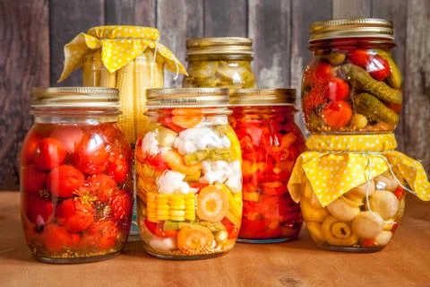 Jars with marinated vegetables Stock-Fotos
