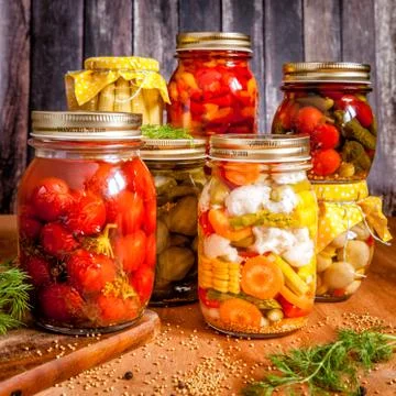 Jars with marinated vegetables Stock-Fotos