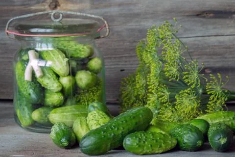 Jars of pickled marinated cucumbers on rustic table Stock Photos
