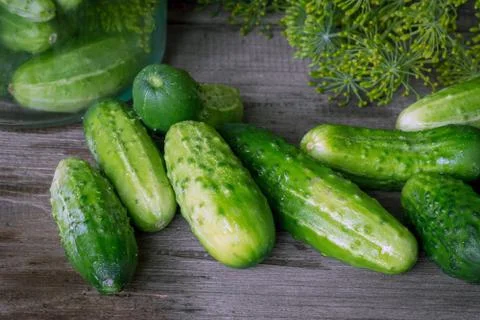Jars of pickled marinated cucumbers on rustic table Stock Photos