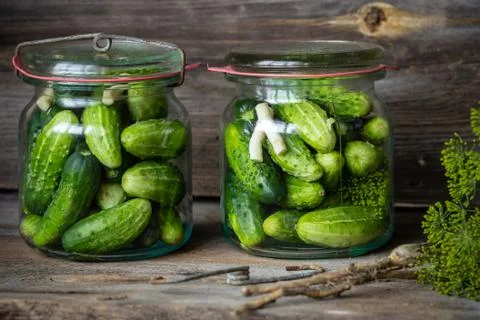 Jars of pickled marinated cucumbers on rustic table Stock Photos
