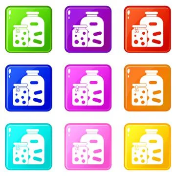 Jars with pickled vegetables and jam icons 9 set Stock Illustration