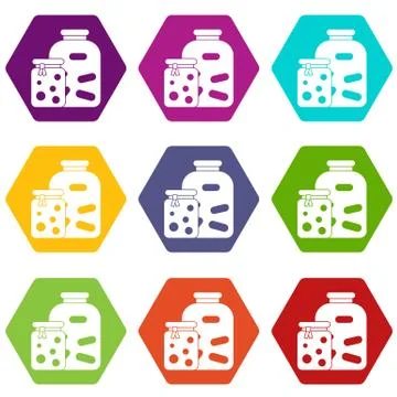 Jars with pickled vegetables and jam icon set color hexahedron Stock Illustration